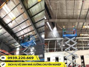 Nhân viên Clean Up cẩn thận vệ sinh quét màng nhện trần nhà xưởng