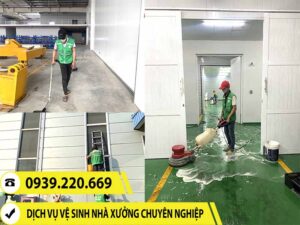 Nhân viên Clean Up sử dụng máy móc để vệ sinh, làm sạch sàn nhà xưởng